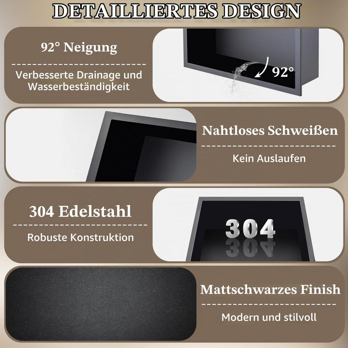 Edelstahl Duschnische Schwarz – Wandnische 45x30x10cm