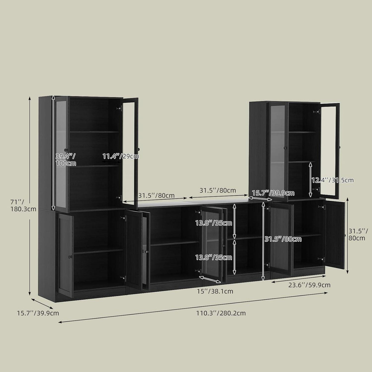 Großer TV-Schrank mit Bücherregal & Glastüren – 280cm Long