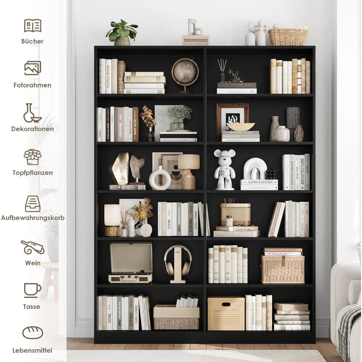 Bücherregal 12 Fächer – Standregal Schwarz für Wohnzimmer & Büro