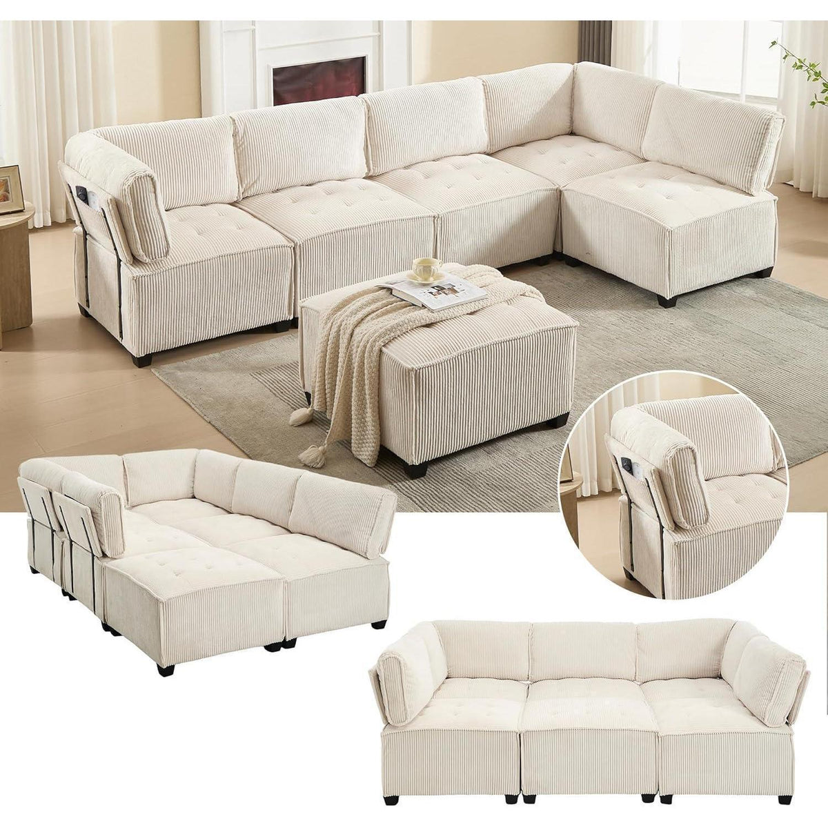 6-Sitzer Sofa 308cm Cord Stoff, Flexibel & Komfortabel (Beige)