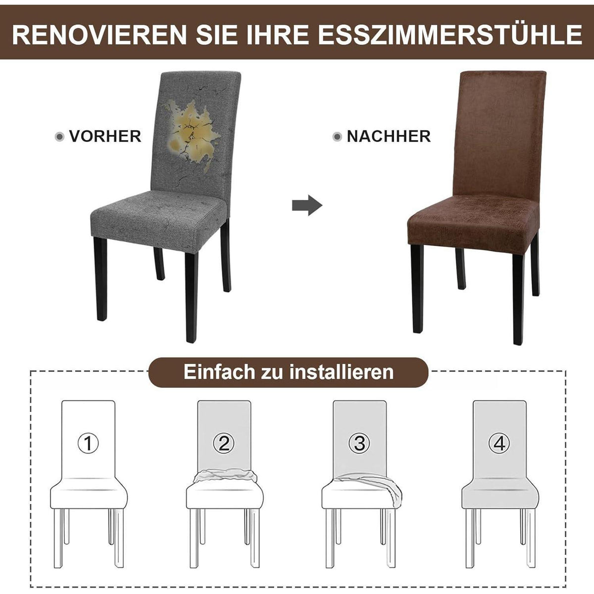 Stretch Stuhlhussen Sämischleder 6er Set Braun