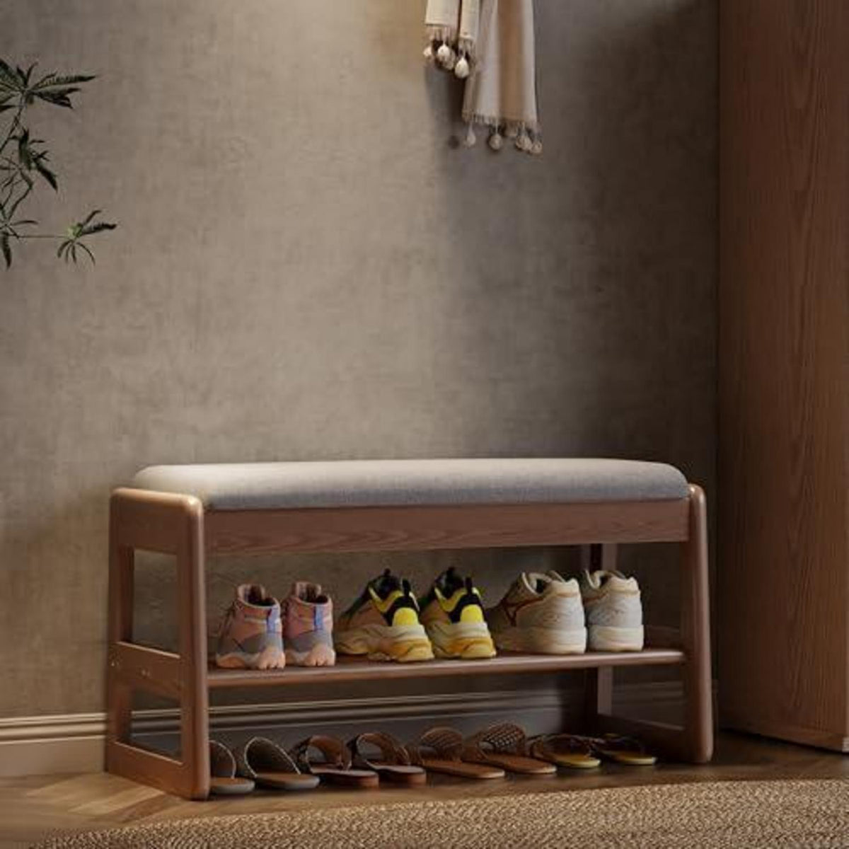 Holz Schuhregal Bank mit Kissen & Stauraum – 80cm Walnuss