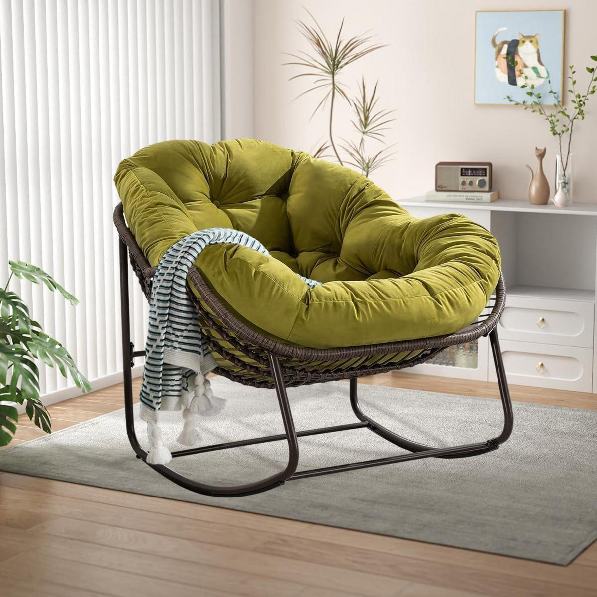 Rattan Schaukelstuhl mit Samt – Olivgrün, Eiförmig für Wohnen & Garten