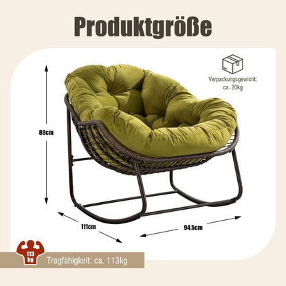 Rattan Schaukelstuhl mit Samt – Olivgrün, Eiförmig für Wohnen & Garten