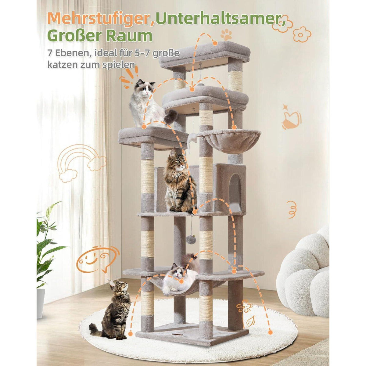 XXL Kratzbaum für Katzen – 180cm, Stabil & mit Hängematte
