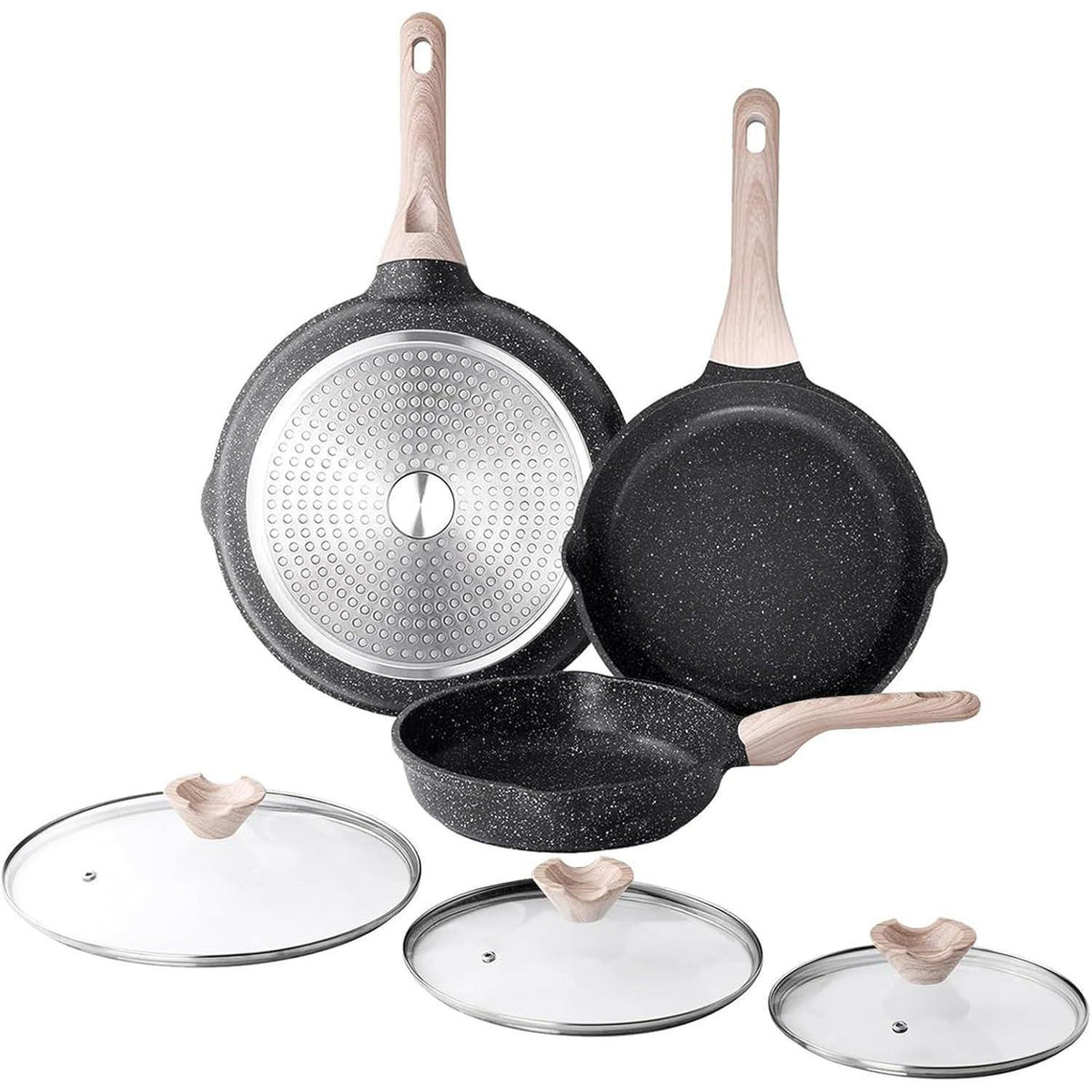 3-teiliges Bratpfannen-Set mit Deckel, Granit Antihaft, Induktion