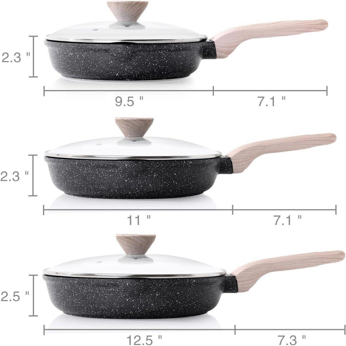 3-teiliges Bratpfannen-Set mit Deckel, Granit Antihaft, Induktion