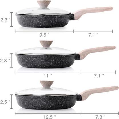 3-teiliges Bratpfannen-Set mit Deckel, Granit Antihaft, Induktion