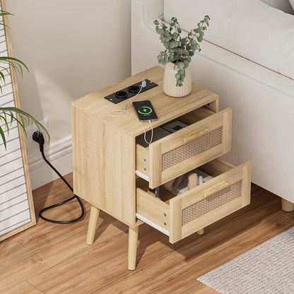 Nachttisch Rattan mit Schubladen und Holzbeinen, Eiche