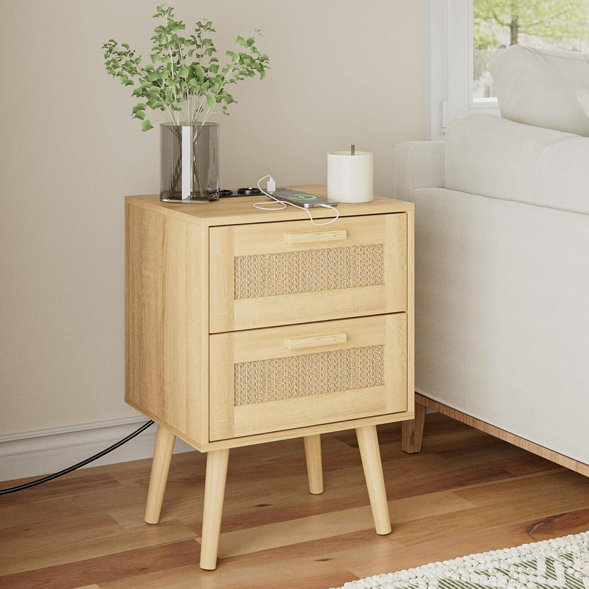 Nachttisch Rattan mit Schubladen und Holzbeinen, Eiche