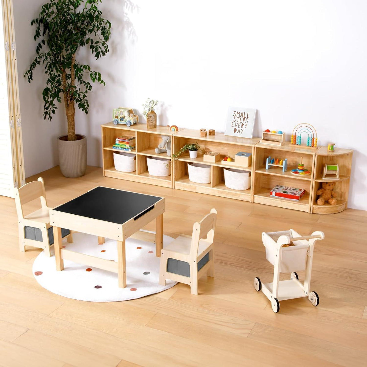 Gummiholz Spielzeugschrank Kinderregal 90cm – Organizer & Bücherregal
