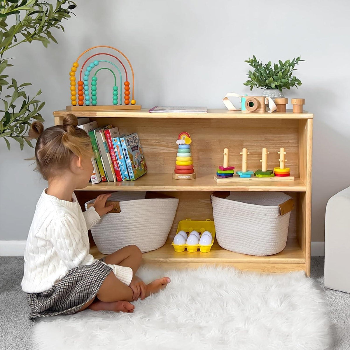 Gummiholz Spielzeugschrank Kinderregal 90cm – Organizer & Bücherregal