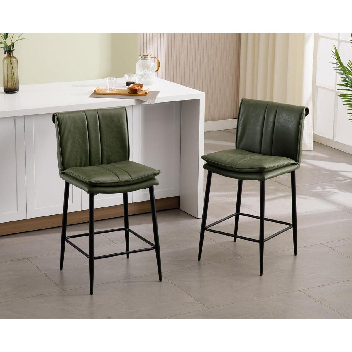 Grüner Barhocker 2er Set –, Metallgestell in Lederoptik