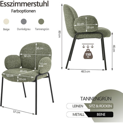 Esszimmerstühle 2er Set Tannengrün mit Armlehne & Leinenbezug