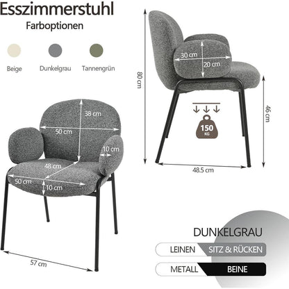Esszimmerstühle 6er Set Dunkelgrau mit Armlehne & Leinenbezug