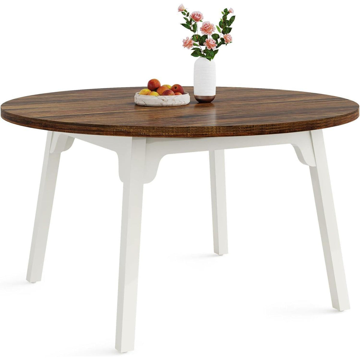 Runder Esstisch 120cm – Weiß & Rustikales Braun für 4-6 Personen