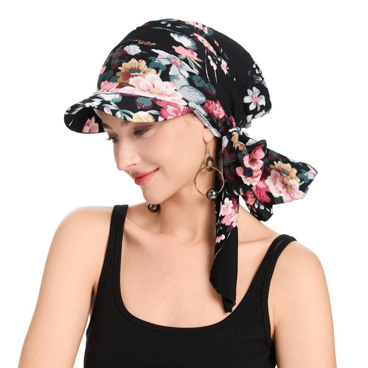 Damen Chemo Kopfbedeckung mit Krempe & Blumenmuster Schwarz