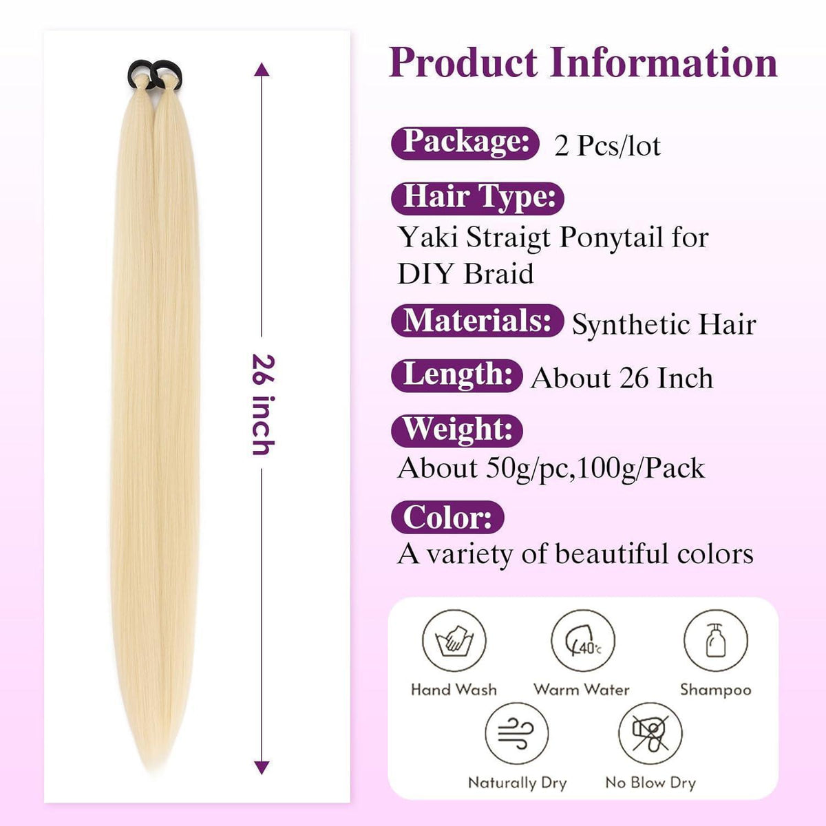 Ombre Zopfverlängerung Pferdeschwanz Kunsthaar 66cm Goldblond (2er Pack)