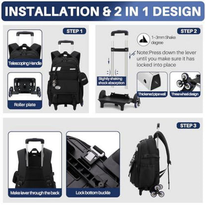 3er-Set Schulranzen mit Rollen – Kinder Schultasche Trolley Rucksack