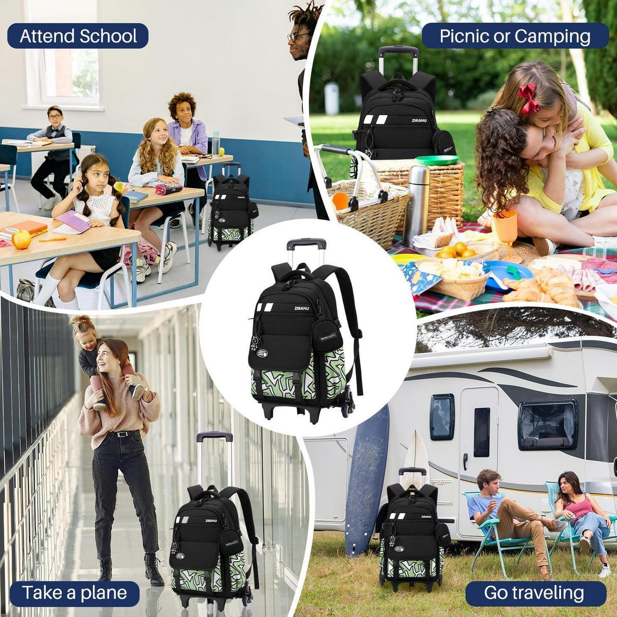 3er-Set Schulranzen mit Rollen – Kinder Schultasche Trolley Rucksack