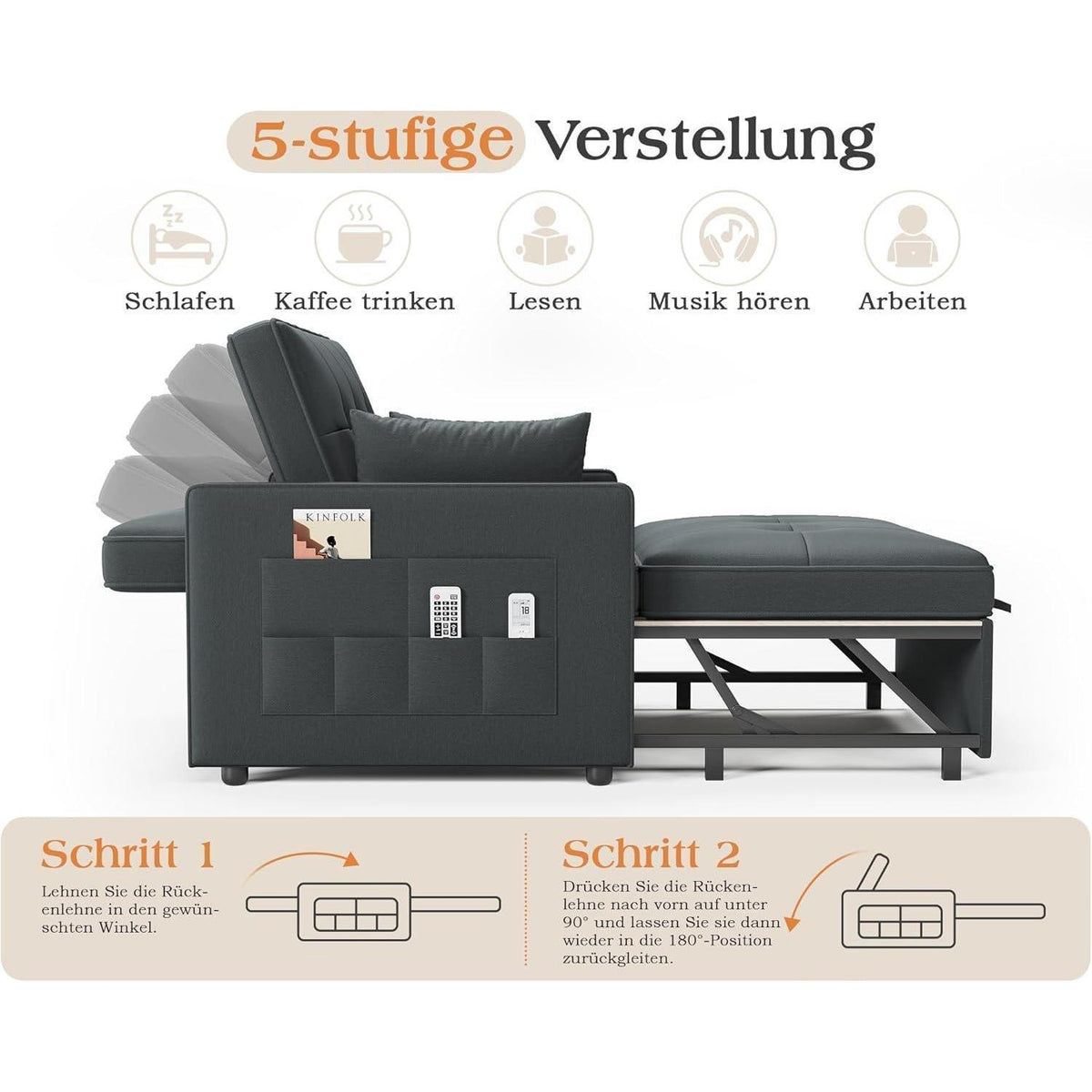 Schlafsofa 186x122cm mit verstellbarer Rückenlehne & Stauraum