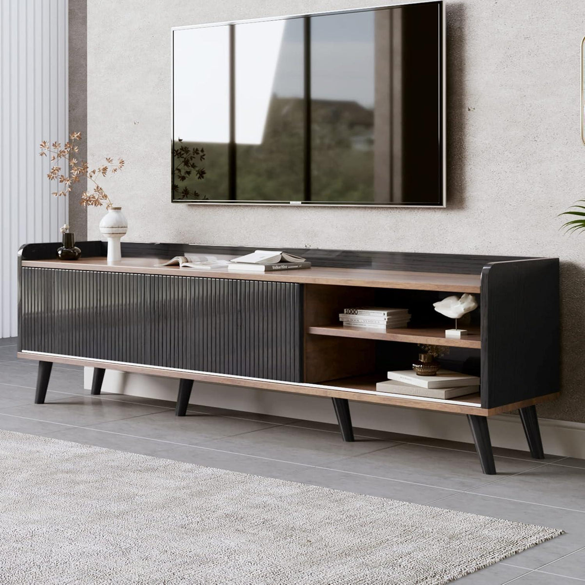 Schwarzer TV Schrank mit Schiebetür & 2 Schubladen (160x40x58cm)