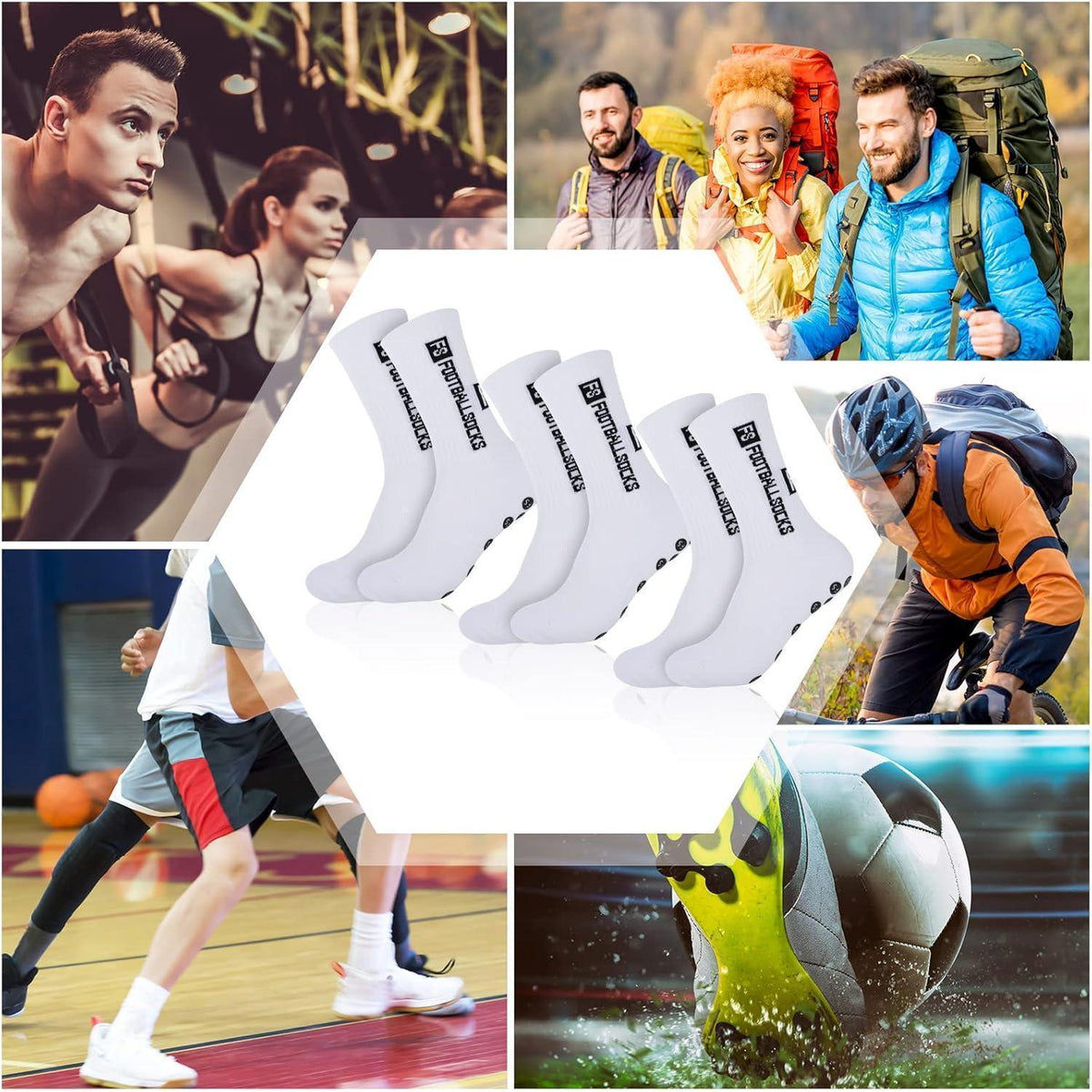 Fußballsocken mit Anti-Rutsch-Grip für Damen & Herren, 3 Paar