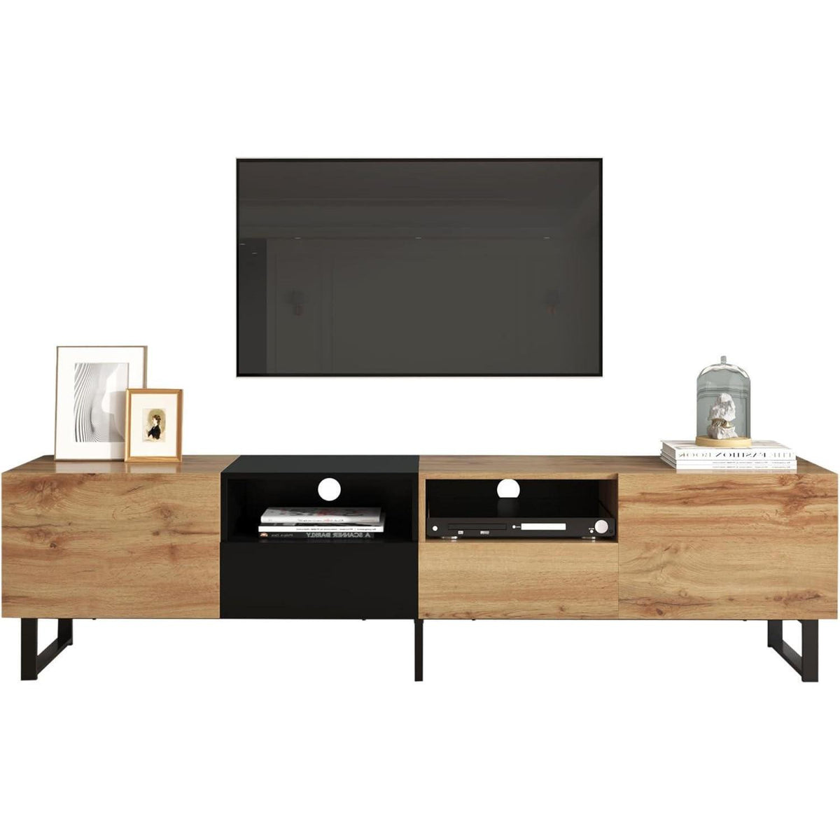 TV Lowboard Schwarz & Holz – 190x38x48cm mit 2 Türen & Schubladen