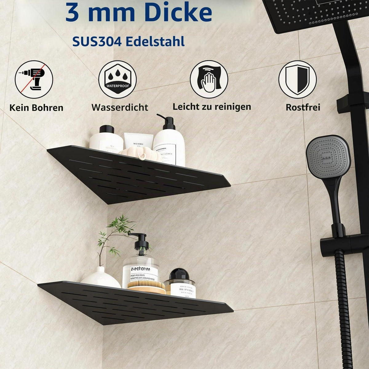 Eck-Duschregal Edelstahl 254mm Schwarz - 2er Set