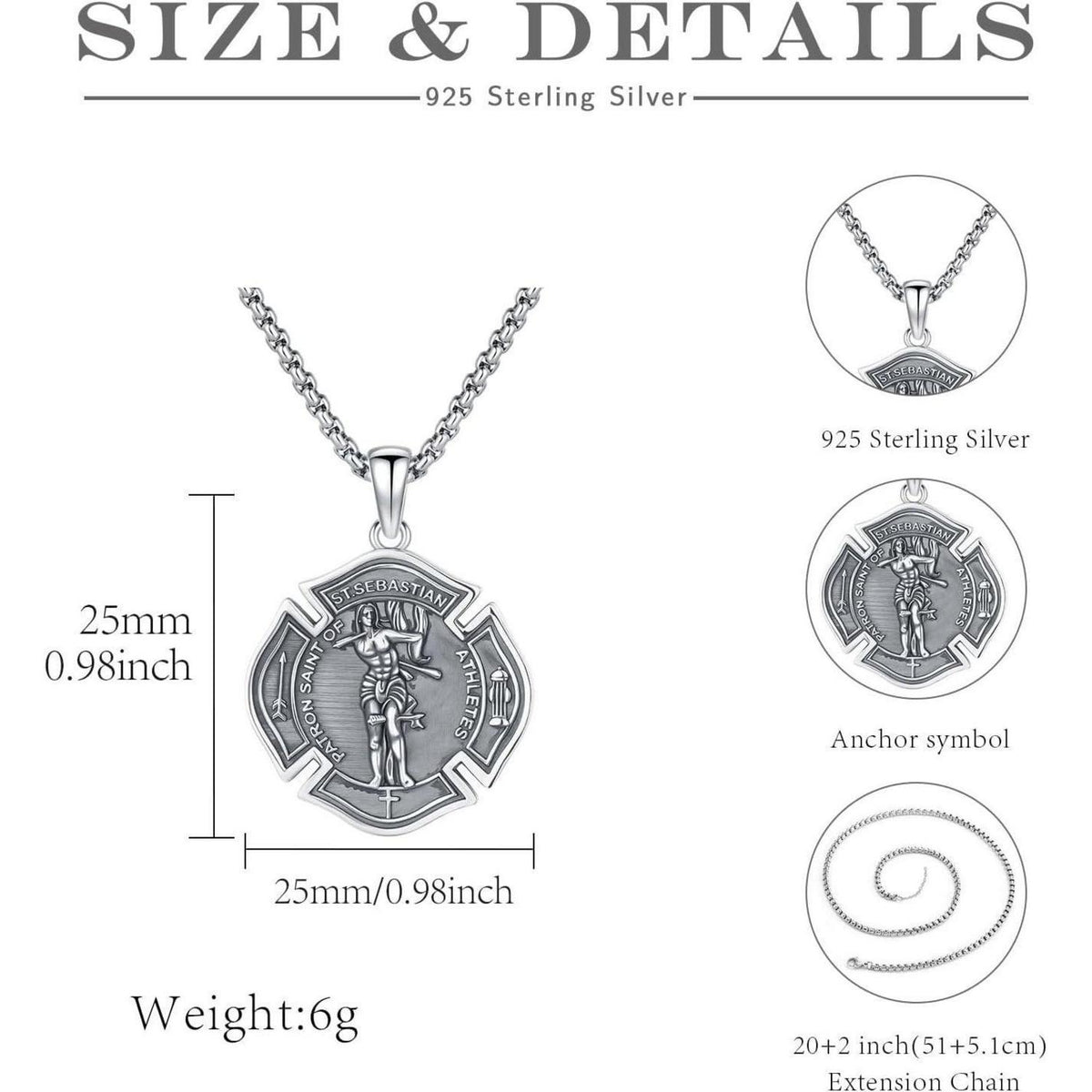 925 Sterling Silber Medaillen Kette St. Sebastian Schutzamulett