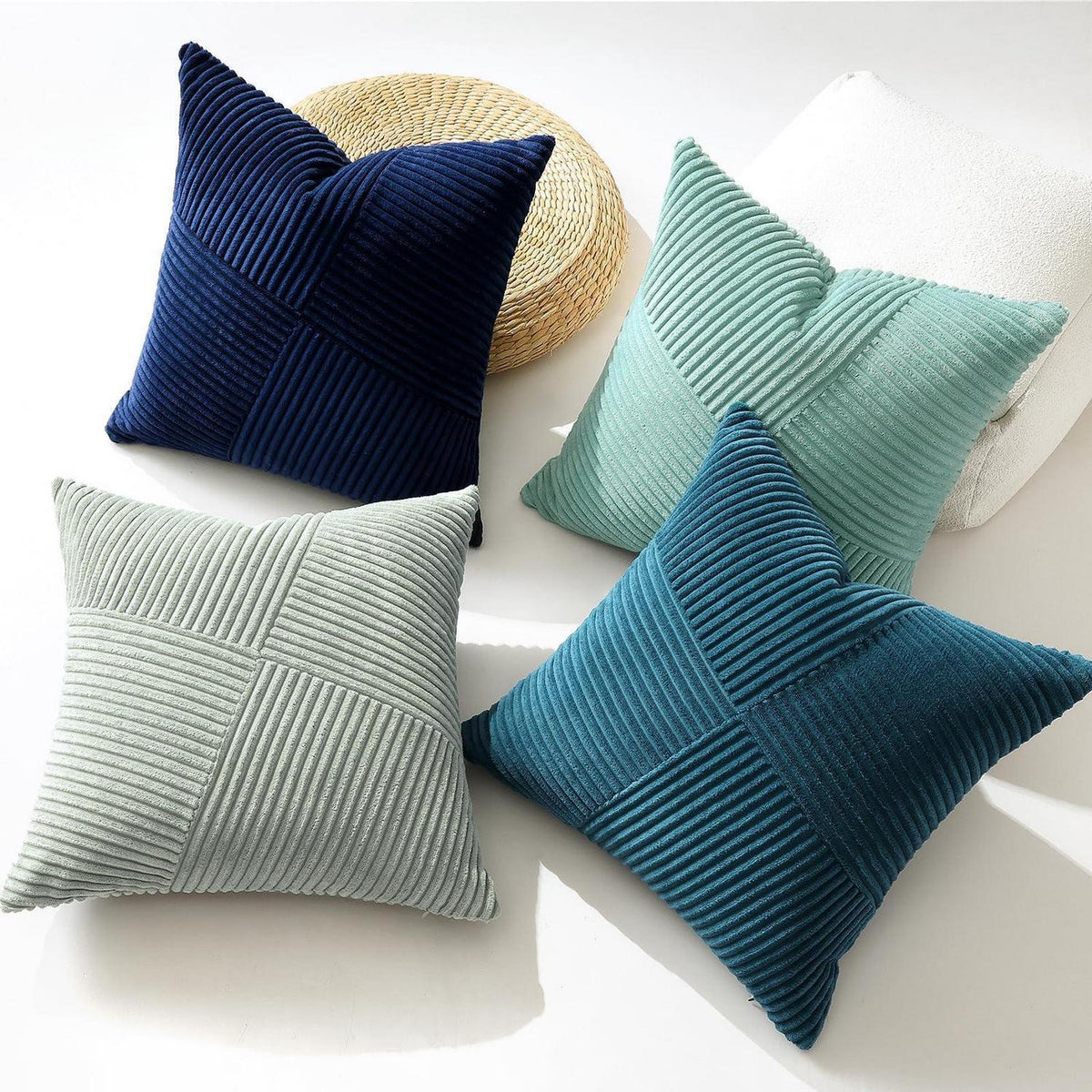 Cord Kissenbezug 50x50 cm, Blau gestreift, 4er Set