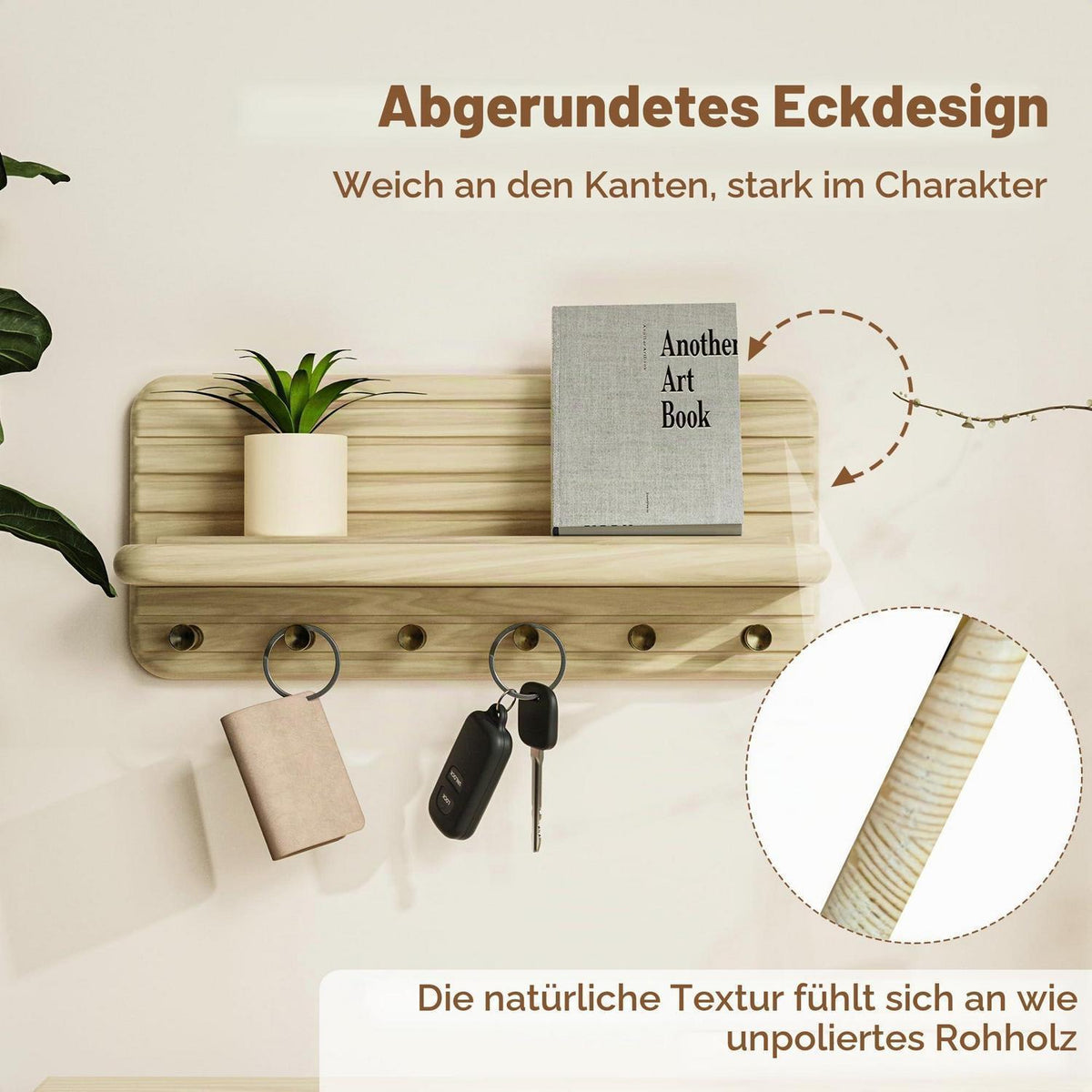 Schlüsselbrett Holz mit Ablage und 6 Haken