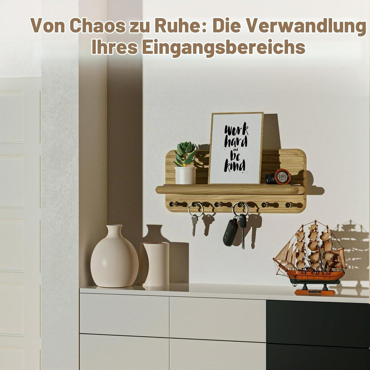 Schlüsselbrett Holz mit Ablage und 6 Haken