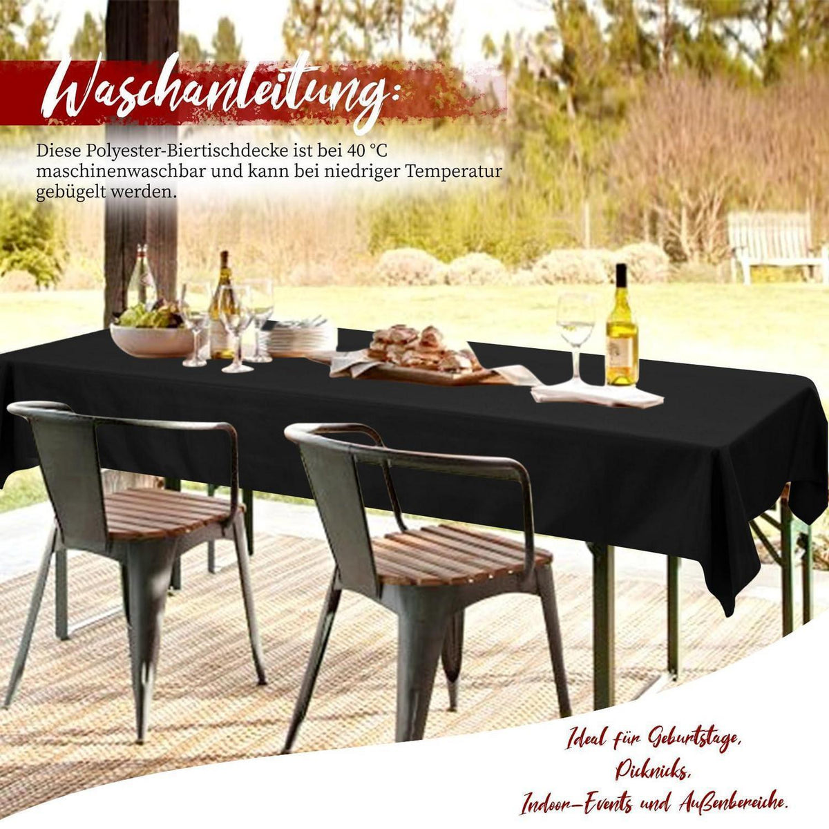 12x Biertisch Tischdecke Schwarz 250x100cm – Waschbar & Pflegeleicht