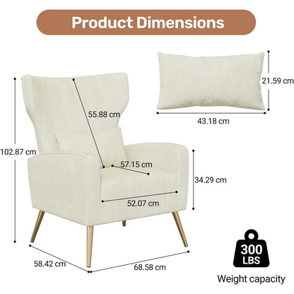 Samt Ohrensessel mit Kopfkissen & Goldfüßen – Beige