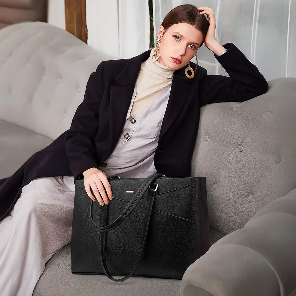 Laptoptasche Damen 17 Zoll, Wasserdichte Arbeitstasche mit vielen Fächern, Schwarz