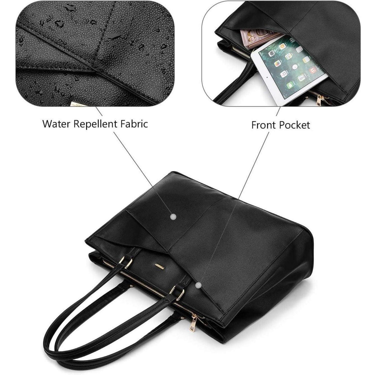 Laptoptasche Damen 17 Zoll, Wasserdichte Arbeitstasche mit vielen Fächern, Schwarz