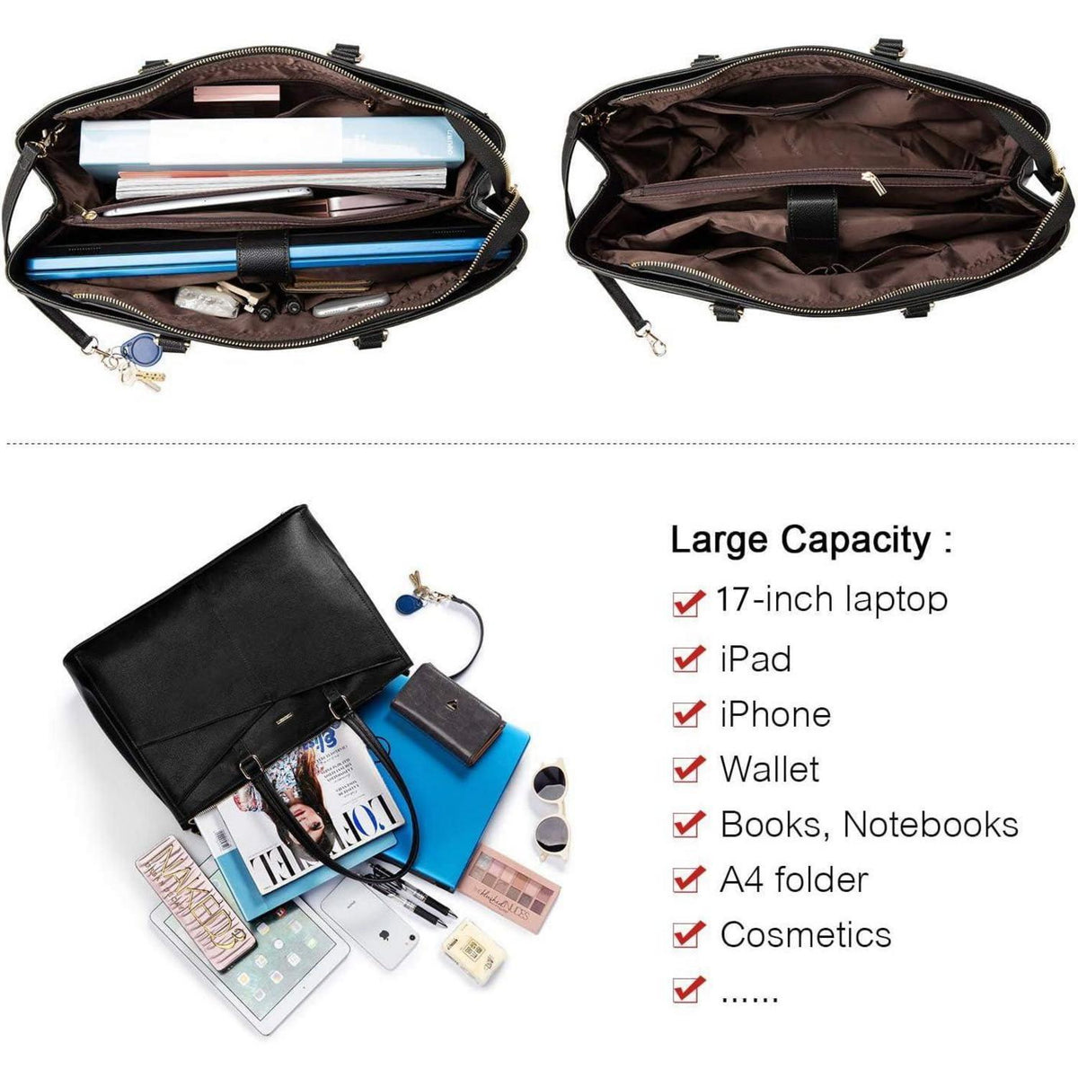 Laptoptasche Damen 17 Zoll, Wasserdichte Arbeitstasche mit vielen Fächern, Schwarz