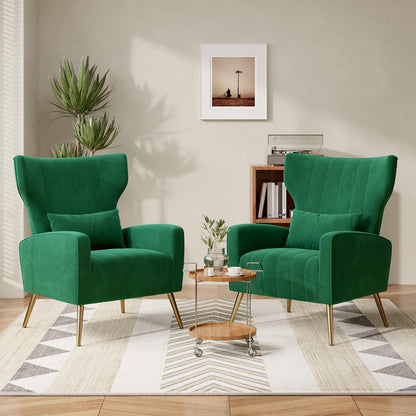 2er-Set Samt Relaxsessel mit Kopfkissen & Goldfüßen, Grün