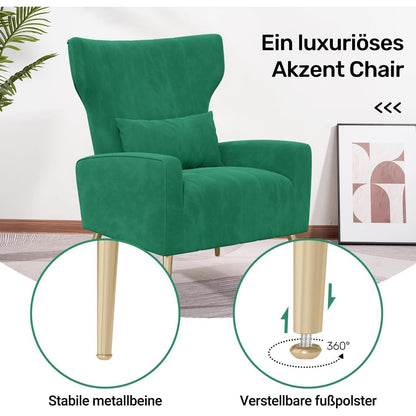 2er-Set Samt Relaxsessel mit Kopfkissen & Goldfüßen, Grün