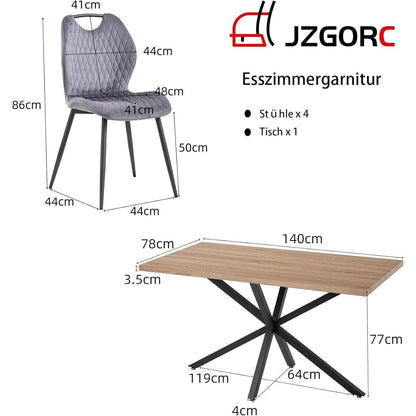Esstisch Set 140x78cm mit 4 Esszimmerstühlen Grau