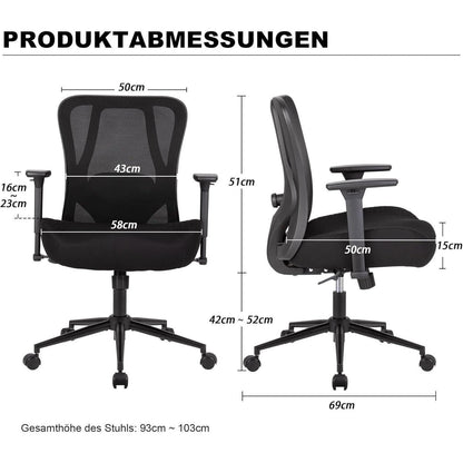 Ergonomischer Bürostuhl 230kg, Lendenwirbelstütze, Netzrücken, Schwarz
