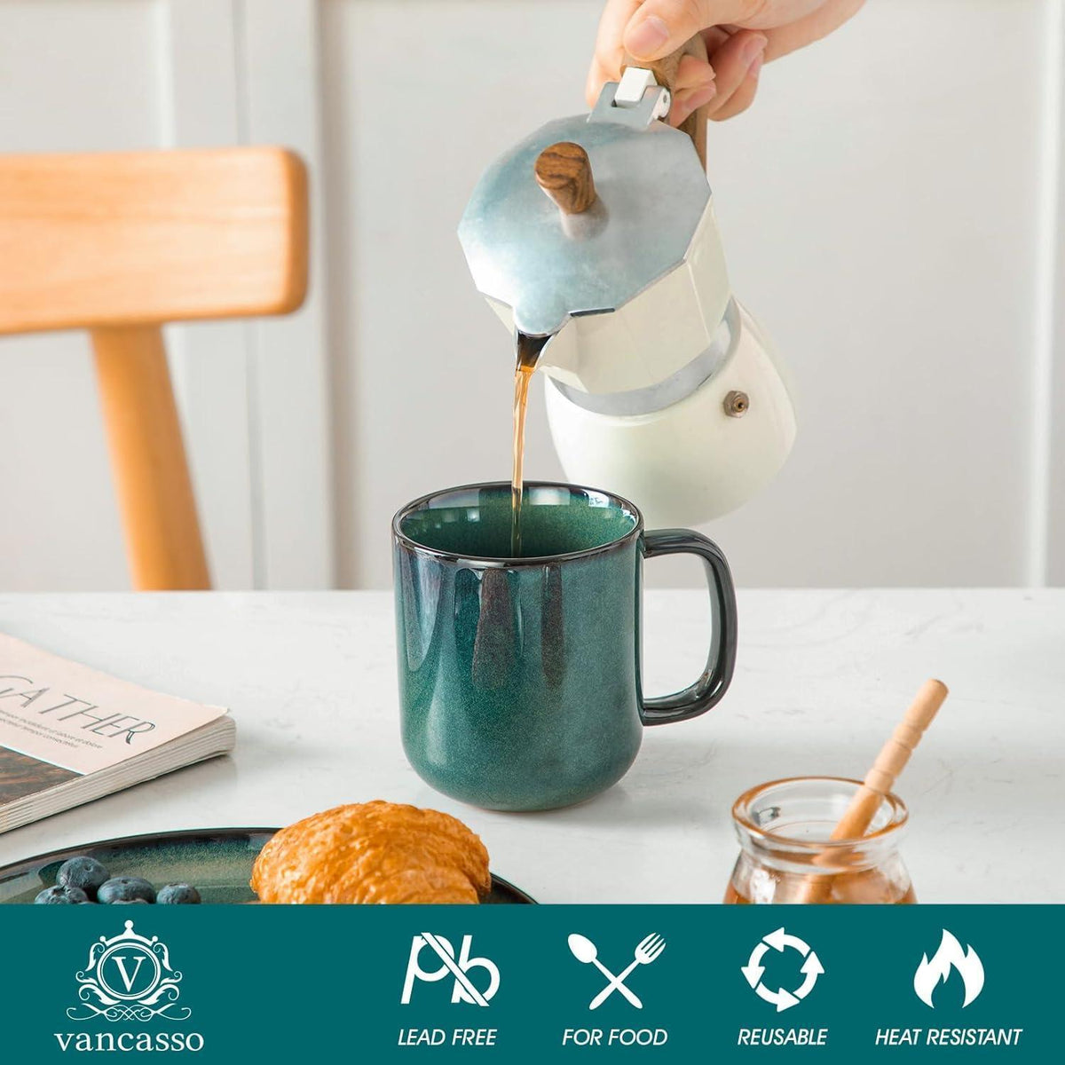Steingut Kaffeetassen Set 6er, 360ml, Grün Starry