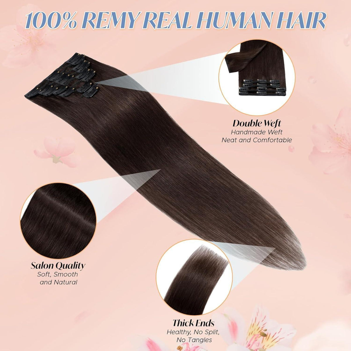 Echthaar Clip-Ins Dunkelbraun 45cm - Remy Haarverlängerung
