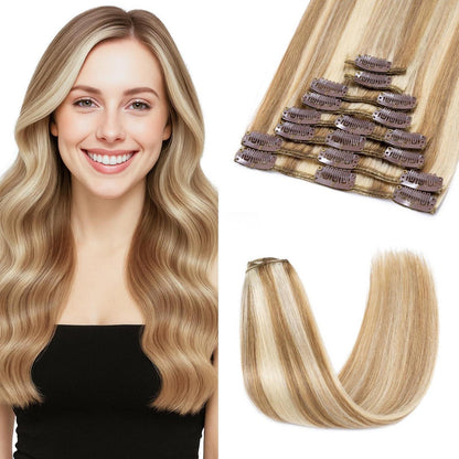 Clip-in Haarverlängerung Echthaar 50cm Goldbraun & Blond