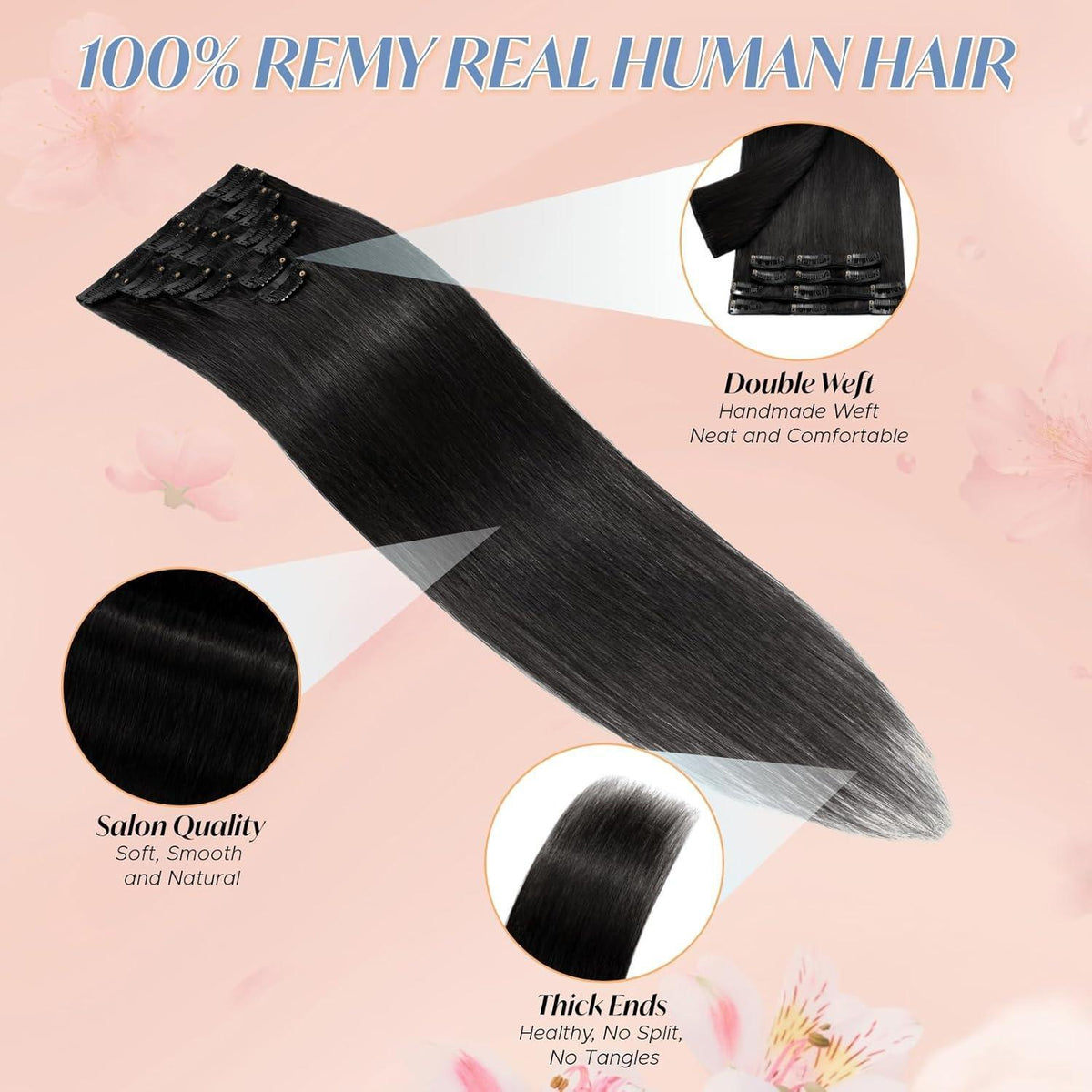 Echthaar Clip-In Extensions Schwarz #01 - 24 Zoll, 80g