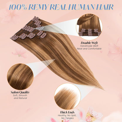 Echthaar Clip-Ins Schokoladenbraun mit Hellbraun, 40cm