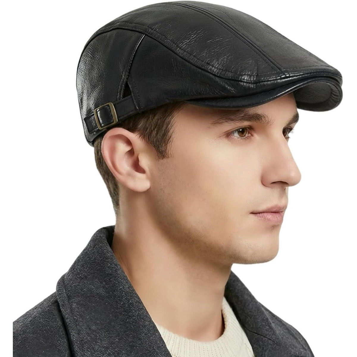 Schiebermütze Herren – Verstellbare Newsboy Cap Schwarz M-L in Lederoptik