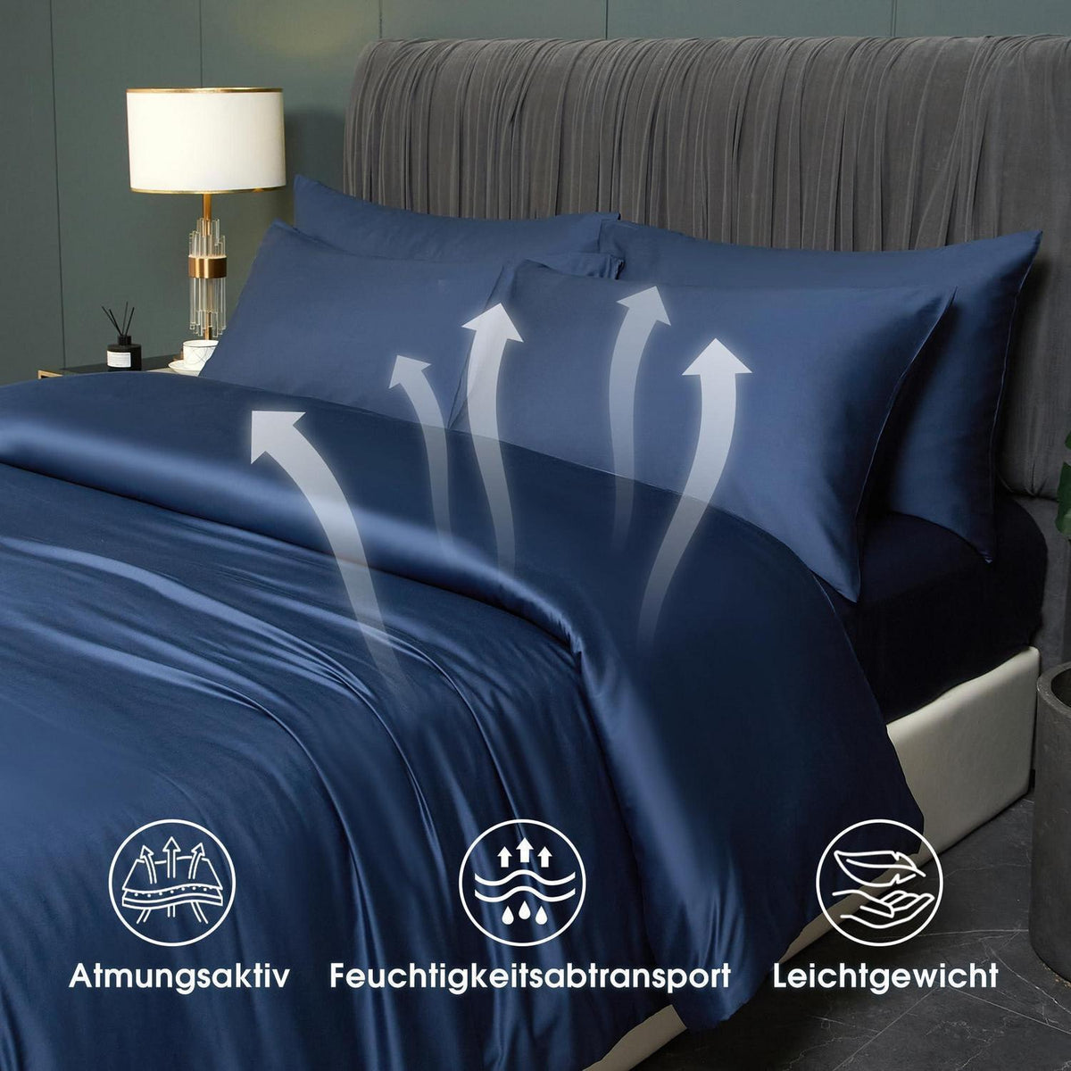 Kühlende Bambus Bettwäsche Set Dunkelblau 220x240 cm + 2x 80x80 cm