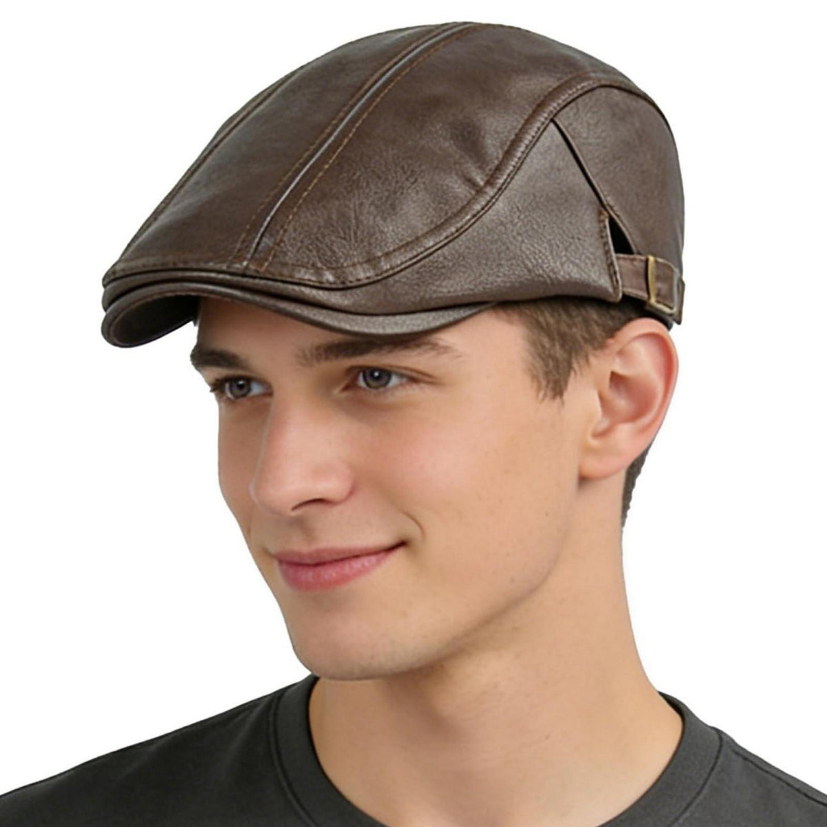 Schiebermütze Herren – Verstellbare Newsboy Cap Kaffee in Lederoptik